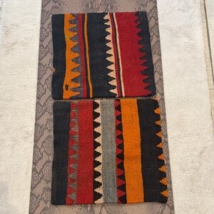 Two Handwoven Kilim 20 X 20 pillow covers w/Stripe Pattern in Red, Brown, Orange